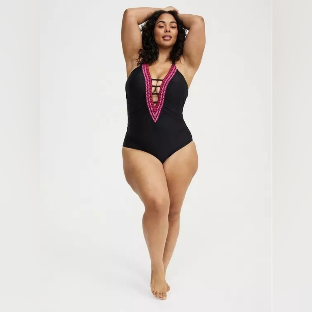 Torrid Strappy Plunge One-Piece Black & Pink Swimsuit Plus Size 3X Nwt - Picture 6 of 7